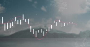 Manzaralı dağ ve göl geçmişi üzerine finansal veri haritası. Finans, yatırım, teknoloji, doğa, manzara, analitik