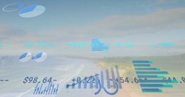 Mali veriler ve kıyı manzarası üzerindeki istatistik animasyonları. Finans, finansal büyüme, analitik, grafikler, grafikler, görselleştirme