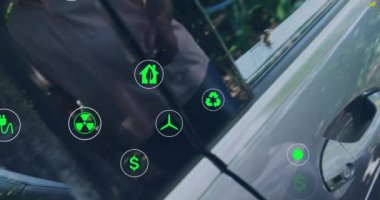 Sürdürülebilirlik ve çevre dostu ikonlar araba kapısını açan kişi üzerinde canlandırma. çevre, yeşil, enerji, geri dönüşüm, yenilenebilir, sürdürülebilir