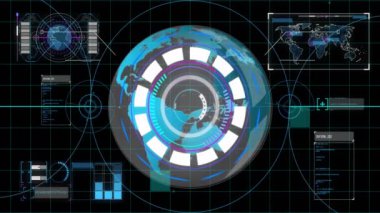 Çeşitli arayüz elementleriyle dijital dünya üzerinde geleceksel veri işleme animasyonu. Teknoloji, yenilik, analitik, küresel, siber, sanal