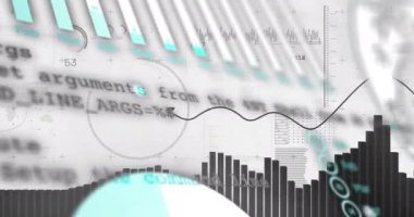 Dünya haritası ve grafikleri üzerinde finansal veriler ve bar haritası animasyonu. Maliye, veri analizi, küresel, ekonomi, istatistik, iş