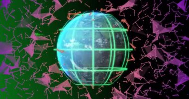 Teknoloji ortamındaki veri sunucuları üzerinde soyut geometrik şekiller animasyon oluşturur. dijital, geleceksel, ağ, bilgi, 3D, görselleştirme