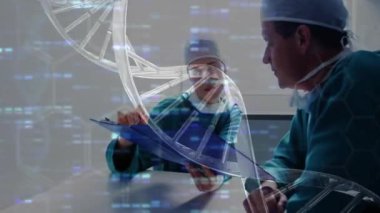 Araştırma, DNA ipliği ve bilimsel veri animasyonu olan tıp uzmanları. Bilim, laboratuvar, biyoteknoloji, genetik, sağlık, yenilik