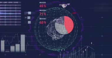 Koyu arkaplanda çeşitli grafik ve grafikler üzerinde küresel veri canlandırma animasyonu. analitik, teknoloji, finans, bilgi, dijital, arayüz