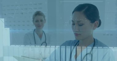 Hastanede çalışan sağlık uzmanları üzerinde tıbbi veri analizi. doktorlar, teknoloji, takım çalışması, dijital, yenilik, araştırma konsepti