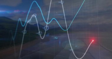 Dalgalanan çizgileri ve verileri olan grafikler kıyı manzarası üzerinde animasyonu gösteriyor. Analizler, görselleştirme, istatistik, bilgi, teknoloji, sunum