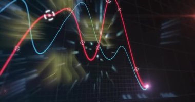 Renkli veri grafikleri ve devre çizgileri koyu arkaplan üzerinde mavi kareler ile animasyon. Teknoloji, dijital, fütüristik, soyut, siber, ağ