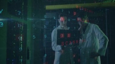 Bilimadamları dizüstü bilgisayardaki verileri analiz ediyorlar, siber güvenlik uyarı animasyonları laboratuvar geçmişi üzerinde. Teknoloji, veri analizi, araştırma, bilgisayar, bilim, kodlama