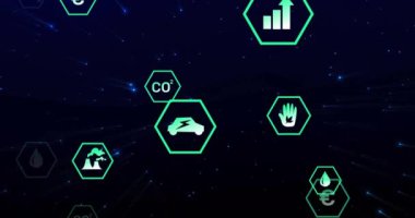 Çeşitli teknoloji ve metrikleri temsil eden altıgen simgeler, geleceksel animasyon. Teknoloji, yenilik, veri, dijital, bilgi, görselleştirme