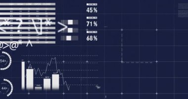 Finansal veri analizi ve koyu mavi arka plan üzerine küresel istatistik animasyonu. Finans, analitik, ekonomi, içgörü, eğilimler, görselleştirme
