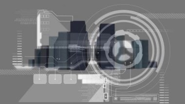 Şehir manzarası üzerinde yüksek binalarla geleceksel veri animasyonu işleniyor. technology, digital, innovation, skyline, urban, analysis