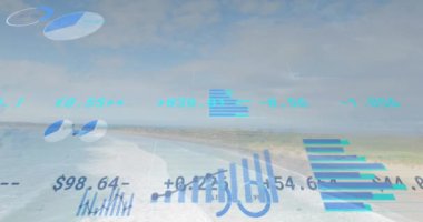 Finansal veriler ve istatistiksel animasyonlar okyanus dalgalarıyla kıyı manzarası üzerine. Finans, analitik, ekonomi, teknoloji, büyüme, eğilimler