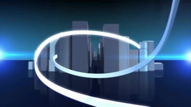 Işık, geceleri yüksek binalarla şehir manzarası üzerinde animasyon izler. urban, lights, architecture, skyline, digital, futuristic