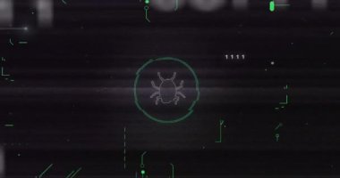 İkili kod ve hata simgesi animasyonu koyu arkaplan üzerinde. Siber güvenlik, teknoloji, programlama, dijital, bilgisayar, hacker