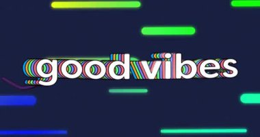 İyi titreşimler, koyu arkaplanda renkli çizgiler olan metin animasyonu. Typography, vibrant, positivity, motion graphics, dynamic, graphic design