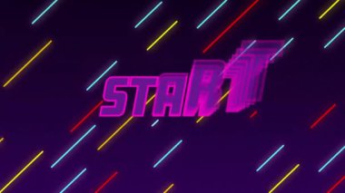 Koyu arkaplandaki renkli köşegen çizgilerin üzerinde Başlat metni canlandırması. soyut, dijital, hareket, fütüristik, canlı, dinamik konsept