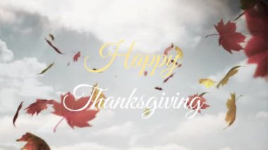 Düşen yapraklar üzerine Mutlu Şükran Günü metni animasyonu. Şükran Günü, kutlama ve doğa konsepti, dijital olarak üretilen video.