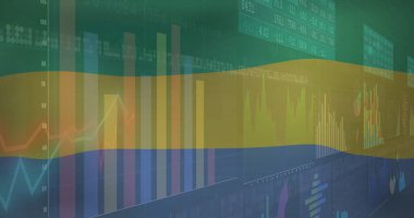 Gabon bayrağı üzerinde finansal veri tabloları ve grafikleri. finans, istatistik, analiz, büyüme, iş, yatırım