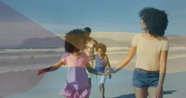 Aile kumsalda el ele yürüyor. Bahama bayrağı animasyonu dalgalanırken. Bağlanma, vatanseverlik