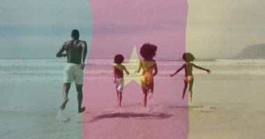 Okyanus dalgalarına dalmak, aile kamerun bayrağı animasyonuyla sahilde eğlenmek. tatil, yaz, eğlence