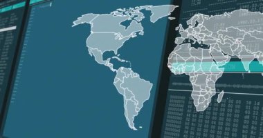 Dünya haritası ve veri şifreleme animasyonu kodlama ile dijital ekran üzerinde. Siber güvenlik, veri koruması, teknoloji, küresel, ağ, hack kavramı