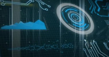 Şebeke arkaplanı üzerinde gelecekçi grafiklerle dijital arayüzün animasyonu. teknoloji, veri analizi, bilim kurgu, yenilik, görselleştirme kavramı