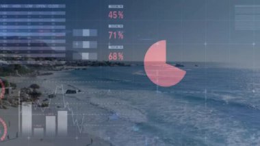 Haritalar ve grafiklerle kıyı manzarasında veri canlandırma animasyonu. Teknoloji, analitik, dijital kavram