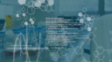 Altıgen moleküler yapılar ve bilimsel veriler laboratuvar arka planında canlandırılıyor. Bilim, animasyon, teknoloji, gelecek, kimya, deney konsepti