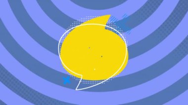 Mor eşmerkezli arka planda mavi aksanlı, hareketli sarı konuşma balonu. soyut, renkli, canlı, iletişim, çizgi film, eğlence konsepti