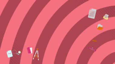 Okul malzemeleri pembe arka planda kıvrımlı çizgilerle canlandırılmış. Kırtasiye, eğitim, renkli, okula dönüş, öğrenme, yaratıcılık kavramı