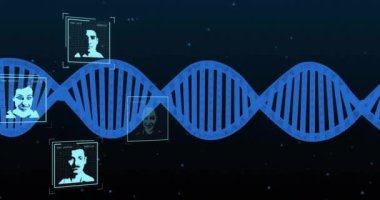 Animasyondaki dijital portreli DNA iplikçikleri genetik verileri analiz ediyor. Genetik, biyoteknoloji, analiz, araştırma, biyoteknoloji, yenilik