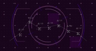 Karanlık arkaplandaki fütüristik verileri grafik ve geometrik şekillerle analiz etmek. teknoloji, analitik, yenilik, görselleştirme kavramı