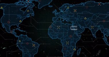 Sunum için veri noktaları ve ağ bağlantılarıyla dünya haritası canlandırılıyor. Küresel, teknoloji, animasyon, bilgi, görselleştirme