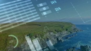 Sahil manzarası üzerinde turta grafikleri ve yüzdelerle veri analizi animasyonu. teknoloji, istatistik, görselleştirme kavramı