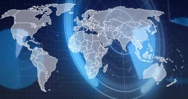 Mavi arkaplan üzerinde dijital veri işleme animasyonu olan dünya haritası. Teknoloji, fütüristik, siber, küresel, ağ, sanal