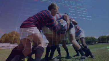 Ragbi oyuncularının itiş kakışa hazırlanması üzerine borsa veri animasyonu. Finans, spor, analiz, takım çalışması, rekabet, ticaret kavramı