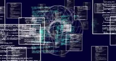 Bilgisayar kodu ve ağ bağlantıları soyut dijital arkaplan üzerinde animasyon. Teknoloji, kodlama, siber güvenlik.