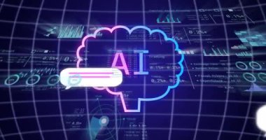 Şebeke arka planındaki dijital veri ve grafikler üzerinden yapay zeka metni animasyonu. Teknoloji, bilgi, fütürist, grafikler, bilgi