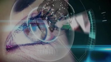 Dijital küreye yakın bir göz, laboratuvar sahnesinde bilimsel araştırma animasyonu. Teknoloji, yenilik, bilim, analiz, fütüristik, deney