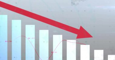 Finansal çöküş animasyonunu gösteren kırmızı aşağı doğru ok ve bar tablosu. İş, finans, ekonomi, durgunluk, kriz, kayıp