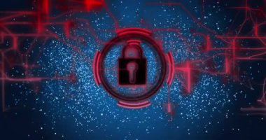 Dijital DNA iplikleri ve kırmızı ağ bağlantıları üzerine simge animasyonunu kilitle. Güvenlik, siber güvenlik, veri, şifreleme, koruma, biyometrik kavram