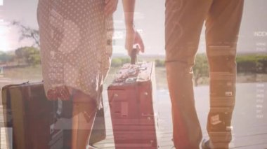 Dışarıda bavulları olan bir çiftin finansal veri animasyonları işleniyor. Finans, analiz, seyahat, teknoloji, dijital, iş