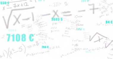 Matematiksel denklemler ve para birimi sembolleri beyaz arkaplanda canlandırılıyor. Animasyon, matematik, finans, soyut, eğitim