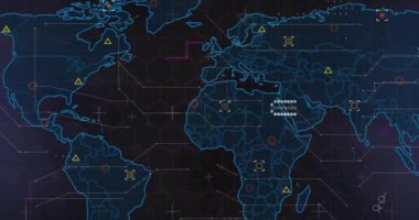 Veri noktaları ve ağ bağlantıları olan dünya haritası, siber güvenlik animasyonu. Küresel, siber güvenlik, teknoloji, dijital