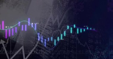 Finansal veriler ve borsa eğilimleri şehir gökdelenlerinin arka planında animasyon oluşturuyor. Finans, ekonomi, yatırım, analitik, büyüme