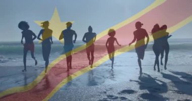 Sahilde koşmak, Demokratik Kongo Cumhuriyeti bayrak animasyonu üzerinde bir grup insan. Macera, seyahat, birlik, uygunluk, vatanseverlik, yaz