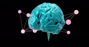 Ağ bağlantıları ve hareket halindeki veri işleme sistemi ile beyin modeli canlandırılıyor. animation, digital, neuroscience, futuristic, technology