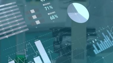 Ofis geçmişi üzerinden finansal veri tabloları ve grafikler canlandırılıyor. Finans, animasyon, iş, sunum, meslek