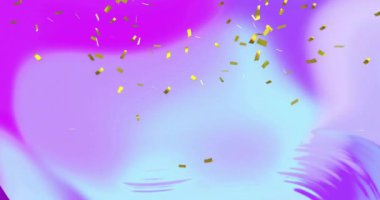 Mor ve mavi soyut arkaplanda altın konfeti animasyonu düşüyor. Kutlama, parti, şenlik, renkli, dekor, sim