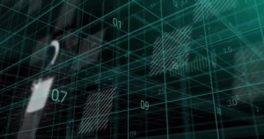 Şebeke arkaplanı üzerinden dijital veri ve numaralar canlandırılıyor. Teknoloji, animasyon, bilgi, fütürist, siber, analitik